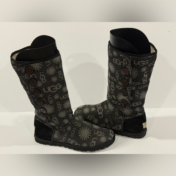 UGG Australia Tall Logo Knit Button Boots Women’s 8 Black Gray Shearling - Picture 14 of 14